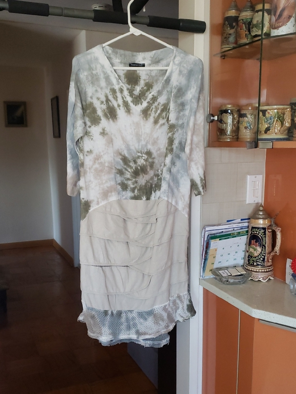 Tie-Dye Olive and Cream Midi Dress by Unknown Brand